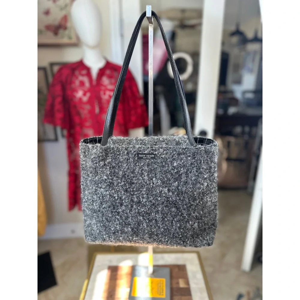 Kate Spade VTGE NewYork Textured Tote Bag Gray black Leather Straps Snap Closure